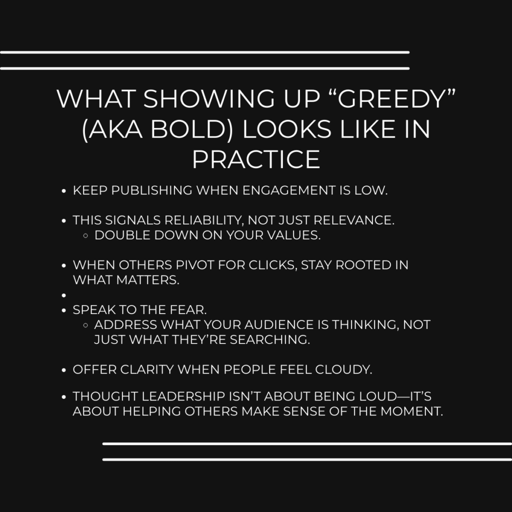 Black background with test "what showing up greedy (aka BOLD) looks like in practice